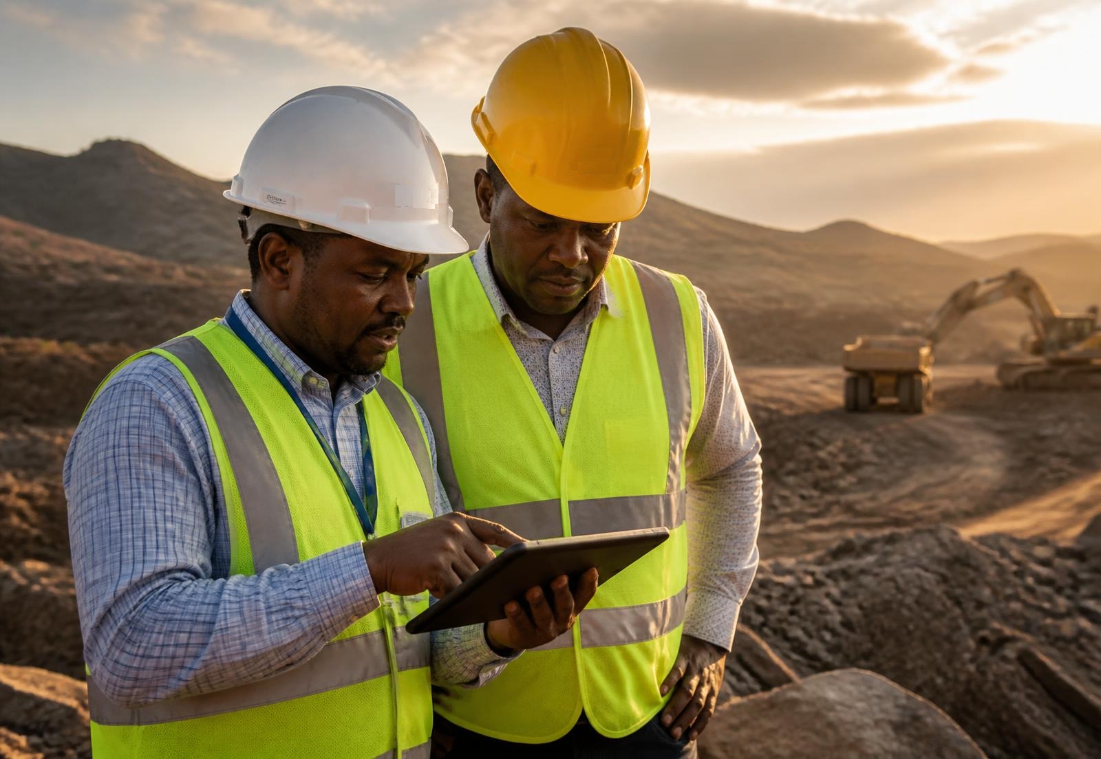 Mining supervisors reviewing site data on a tablet at a gold mining site